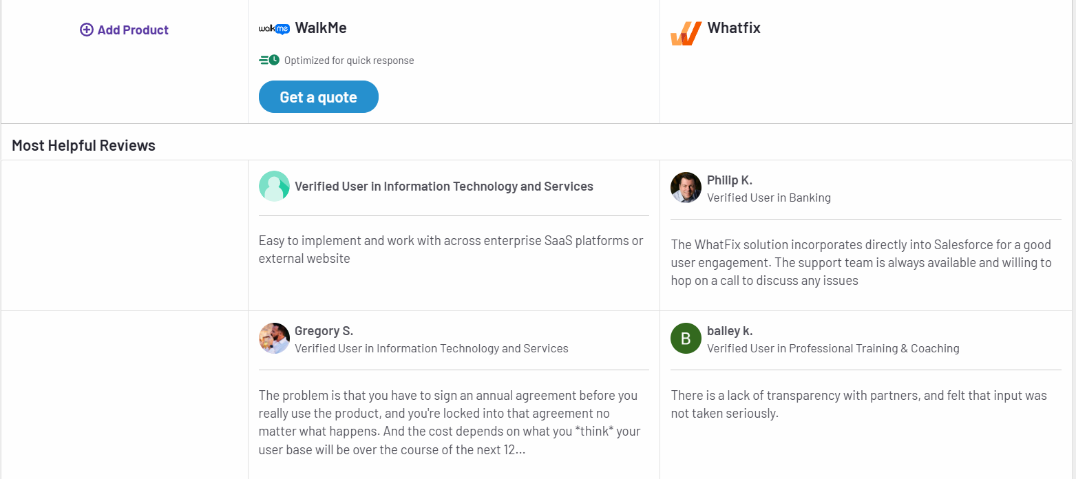 Image compares customer reviews of WalkMe vs. Whatfix in a table