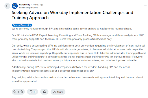 Reddit post related to Workday implementation challenges